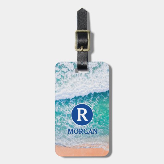 White Monogram & Blue Name, Beach Waves, Info Vs 3 Gepäckanhänger (Vorderseite vertikal)