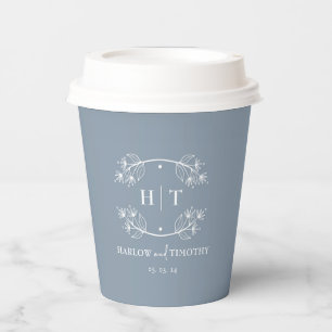 White Monogram Dusty Blue Wedding Paper Cups Pappbecher