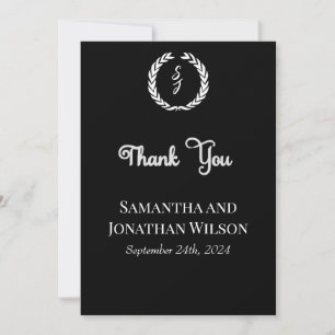 White Monogram Kranz auf schwarz Danksagkarte Einladung