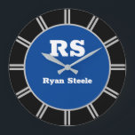 White Monogram & Name Lt. Grey Lines Deep Blue/Blk Große Wanduhr<br><div class="desc">Personalize bold white monogram and name with light grey radiating lines on deep blue and black background.</div>