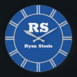 White Monogram & Name, Lt. Grey Lines, Deep Blue Große Wanduhr<br><div class="desc">Personalize bold white monogram and name with light grey radiating lines on deep blue background.</div>