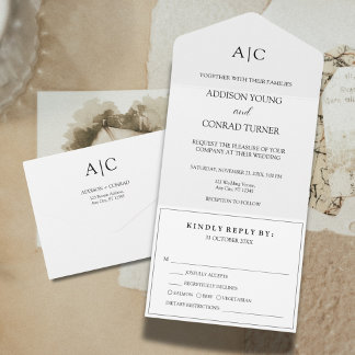 White Monogram Wedding All In One Einladung