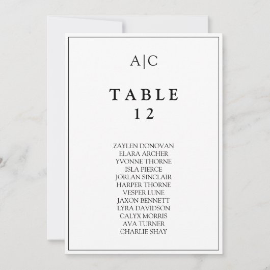 White Monogram Wedding Table Chart Card Karte (Vorderseite)