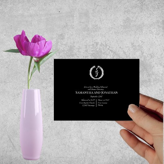 White Monogram Wreath on black Wedding Rehearsal  Einladung