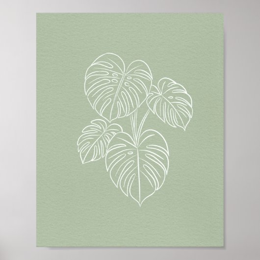 White Monstera Leaf Line Art on Sage Green  Poster (Vorne)