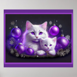 White Mother Cat and Kitten Lila Weihnachtslandsch Poster