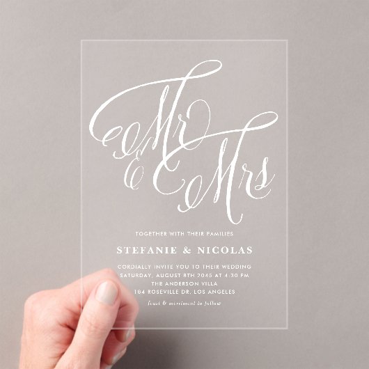 White Mr. und Mrs. Rustic Calligraphy Wedding Acryleinladungen (Insitu (Handheld))