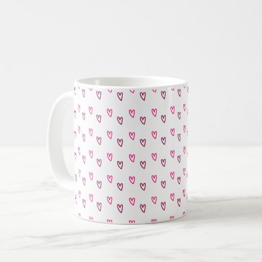 White Mug – Small Pink Hollow Hearts Pattern Kaffeetasse (Vorderseite Links)