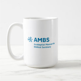 White mug with blue AMBS logo Kaffeetasse