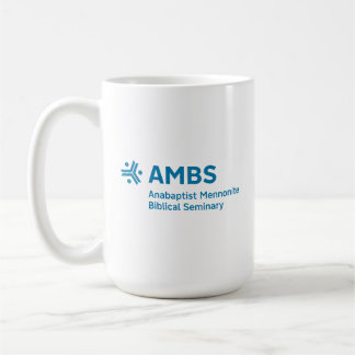 White mug with blue AMBS logo Kaffeetasse