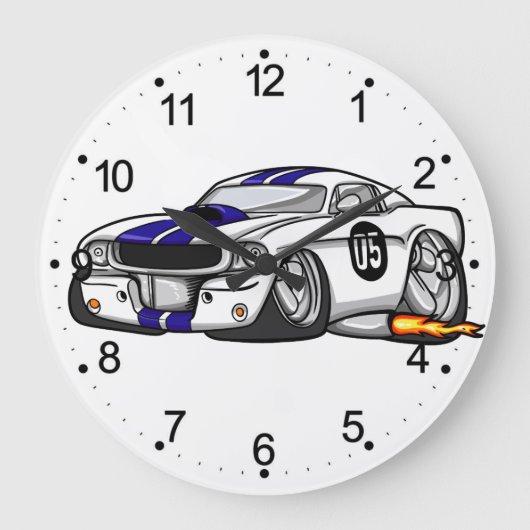 White Muscle Car Cartoon - Choose background color Große Wanduhr (Vorderseite)