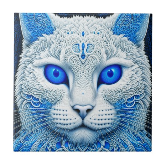 White Mystical Cat Ethereal AI Art Fliese (Vorderseite)