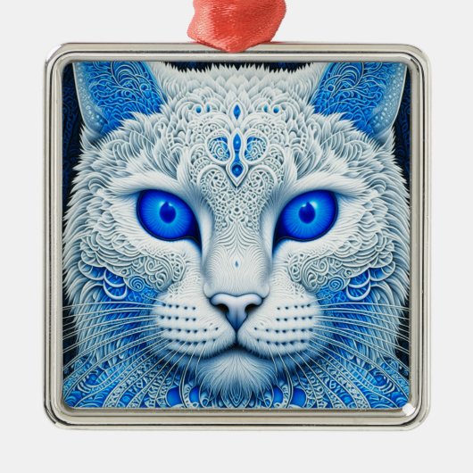 White Mystical Cat Ethereal AI Art Ornament Aus Metall (Vorne)