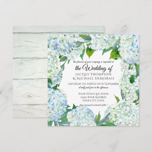 White n Blue Hydrangea Wreath Vintages Blumenholz Einladung (Vorne/Hinten)