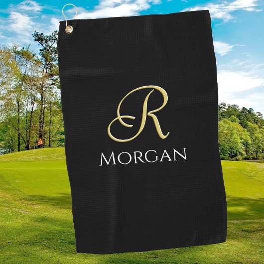 White Name & Large Gold Initial auf schwarz Golfhandtuch