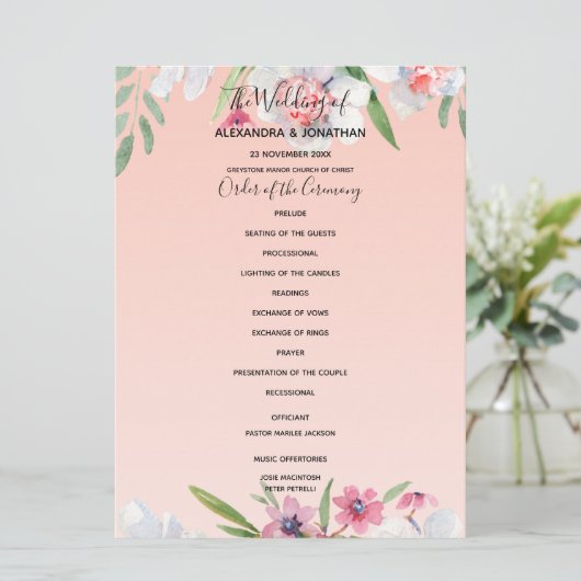 White Narcissus auf Apricot Pink Hochzeitsprogramm Programm (Stehend Vorderseite)