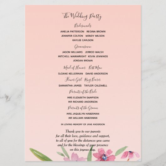 White Narcissus auf Apricot Pink Hochzeitsprogramm Programm (Rückseite)