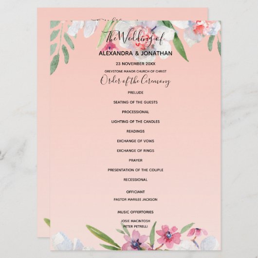 White Narcissus auf Apricot Pink Hochzeitsprogramm Programm (Vorne/Hinten)