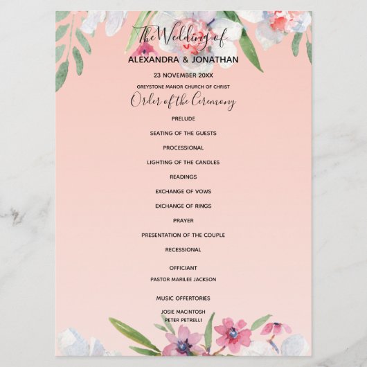 White Narcissus auf Apricot Pink Hochzeitsprogramm Programm (Vorderseite)