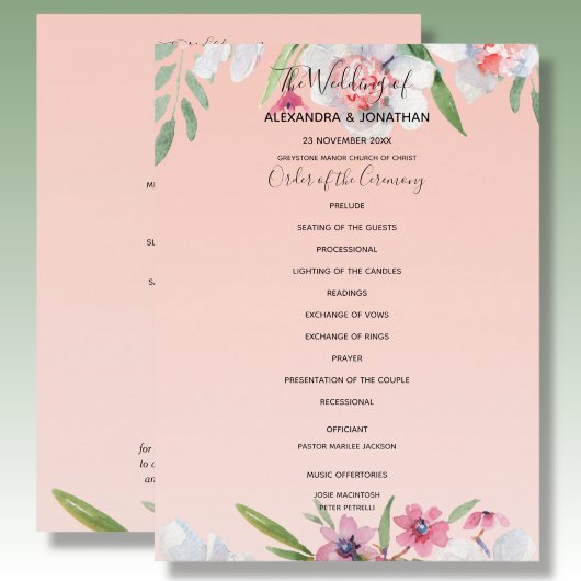 White Narcissus auf Apricot Pink Hochzeitsprogramm Programm