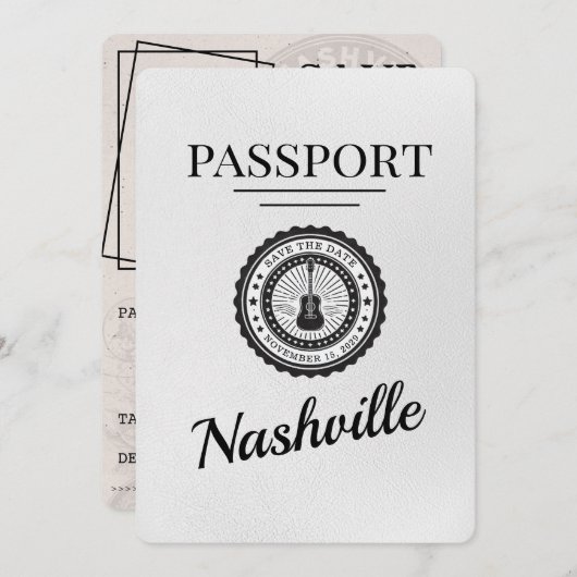 White Nashville Passport Save the Date (Vorne/Hinten)