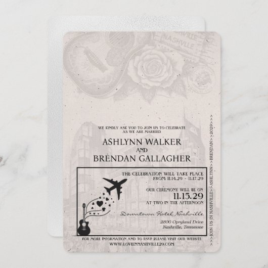 White Nashville Passport Wedding Einladung (Vorne/Hinten)