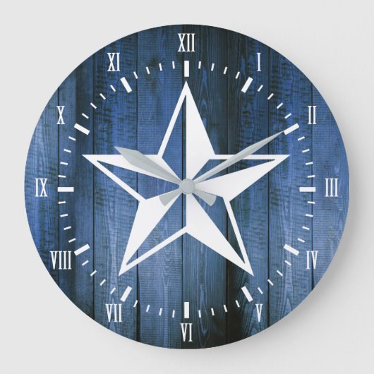 White Nautical Star Blue Wooden Planks Große Wanduhr (Vorderseite)