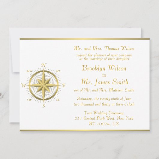 White Nautical Wedding Einladungen Gold Compass (Vorderseite)