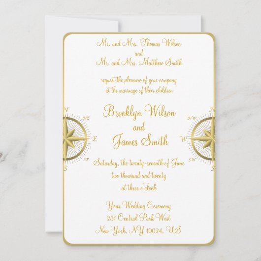 White Nautical Wedding Invitations Gold Compass Einladung (Vorderseite)