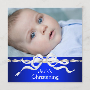 White Navy Blue Baby Boy Foto Christening Einladung