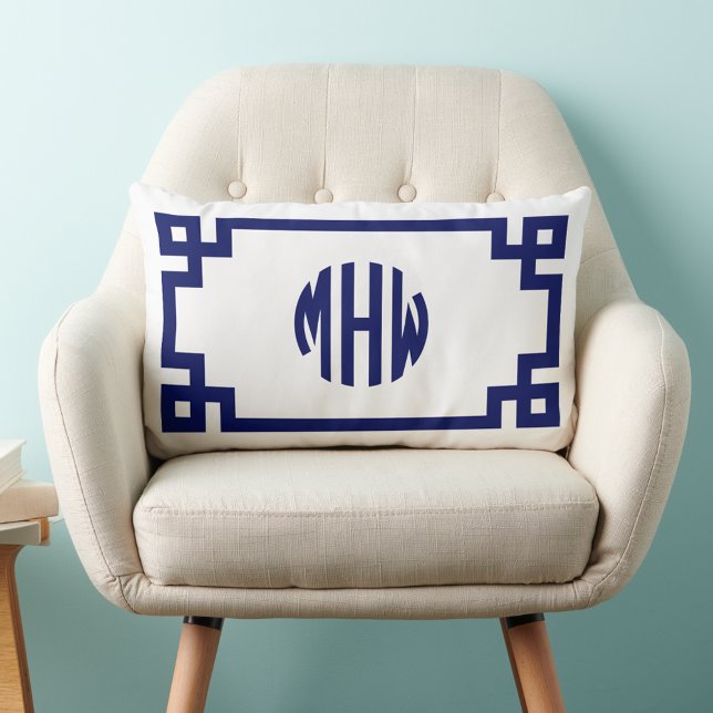 White Navy Blue Circle Monogram Greek Key DIY BG Lendenkissen (Von Creator hochgeladen)
