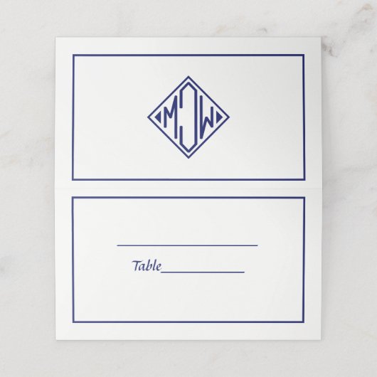 White Navy Blue Diamond Monogram Schriftart DIY BG Platzkarte (Außenseite Aufgefaltet)