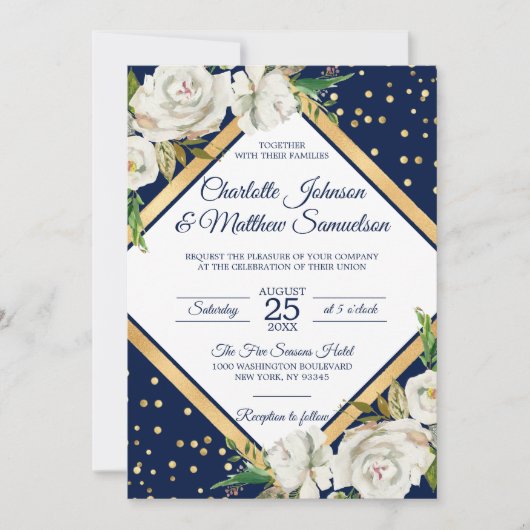 White Navy Blue Gold Floral Wedding Einladung (Vorderseite)