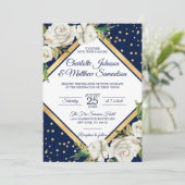 White Navy Blue Gold Floral Wedding Einladung (Stehend Vorderseite)