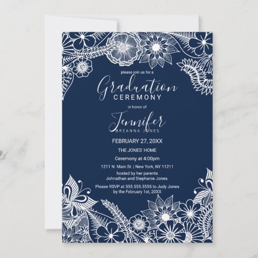White Navy Blue Illustrative Florals Abschluss Einladung (Vorderseite)