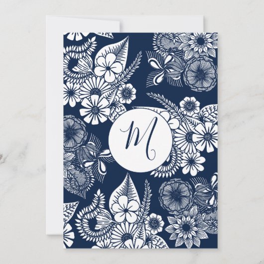 White Navy Blue Illustrative Florals Abschluss Einladung (Rückseite)