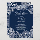 White Navy Blue Illustrative Florals Abschluss Einladung (Vorne/Hinten)