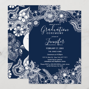 White Navy Blue Illustrative Florals Abschluss Einladung