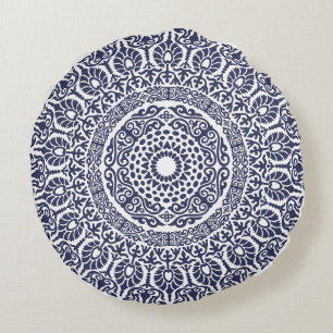 White & Navy Blue Modern Mandala boho chic indisch Rundes Kissen