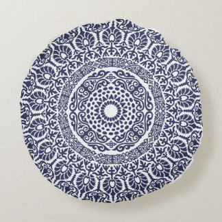White & Navy Blue Modern Mandala boho chic indisch Rundes Kissen