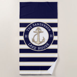 White Navy Blue Strip Beach House oder Lake House Strandtuch