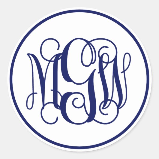 White Navy Blue Vine Script Monogram, DIY BG Runder Aufkleber (Vorderseite)