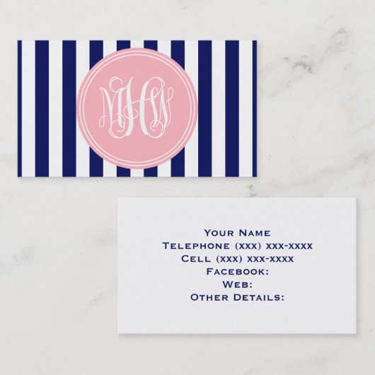 White Navy Vert Strip 6x Pnk Vine Monogram DIY BG Visitenkarte (Vorne/Hinten)