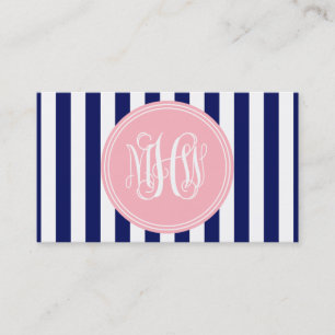 White Navy Vert Strip 6x Pnk Vine Monogram DIY BG Visitenkarte
