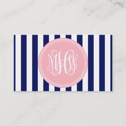 White Navy Vert Strip 6x Pnk Vine Monogram DIY BG Visitenkarte (Vorderseite)