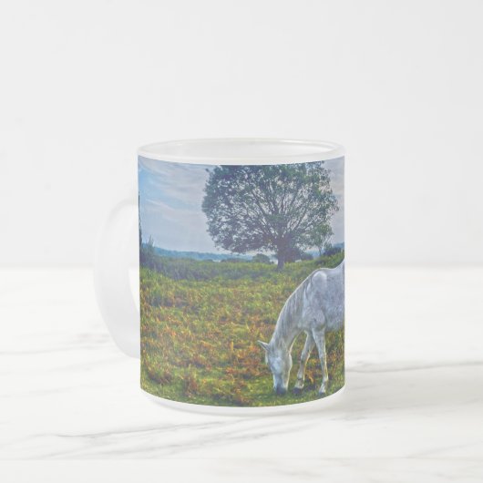 White New Forest Ponies weiden das Heide England Mattglastasse (Vorderseite Links)
