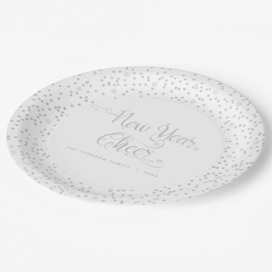 White New Year Chee Silver Snowflake Script Pappteller (Schrägansicht)