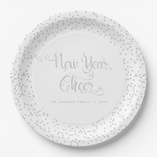 White New Year Chee Silver Snowflake Script Pappteller (Vorderseite)