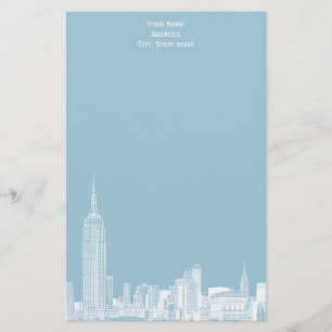 White NYC Skyline Etch 01 Stationery Lt Blue BG Briefpapier