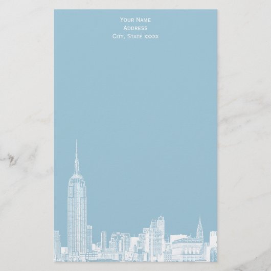 White NYC Skyline Etch 01 Stationery Lt Blue BG Briefpapier (Vorderseite)